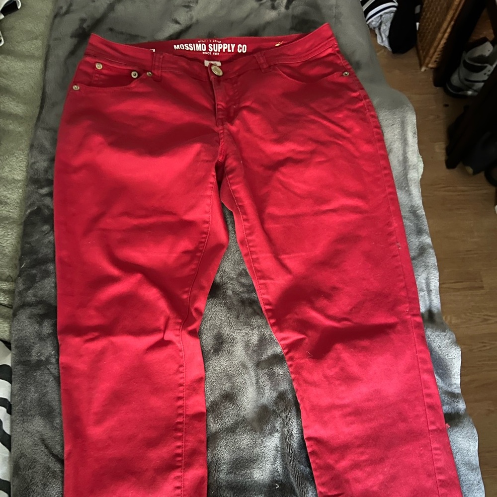 Red skinny pants. Khaki material.